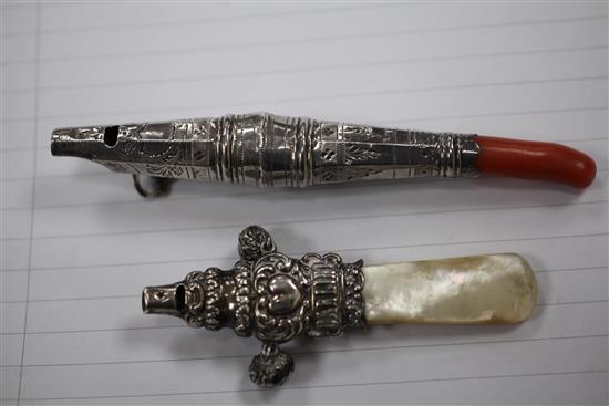 A George III silver childs whistle with coral teether & 3 others.